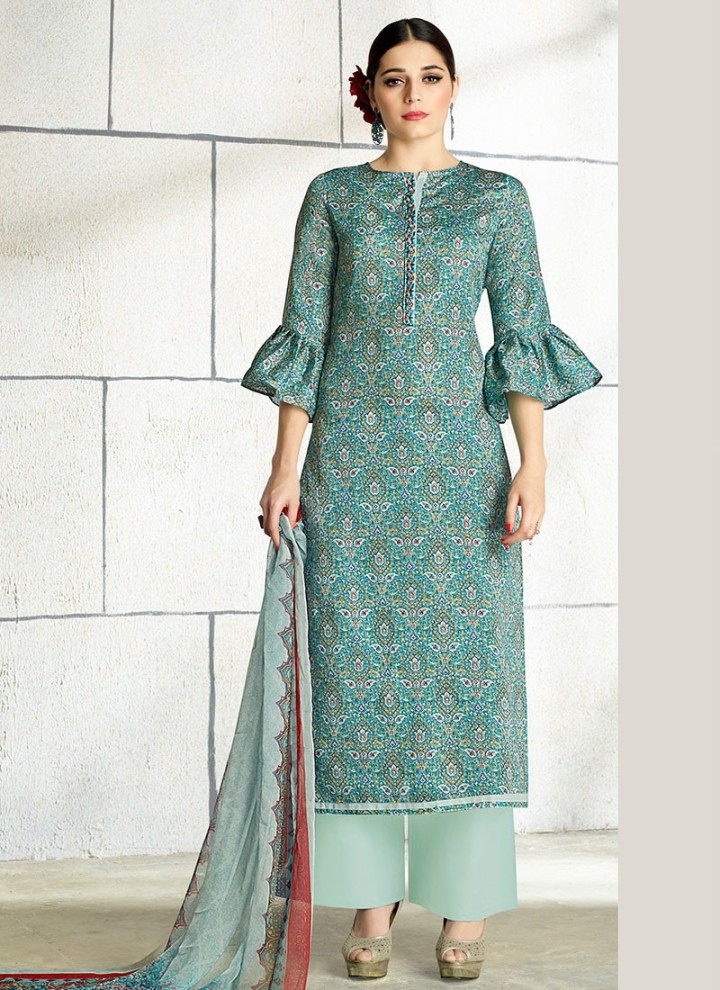 Green Cotton Salwar Kameez with Printed Work. Place Your Order Online
